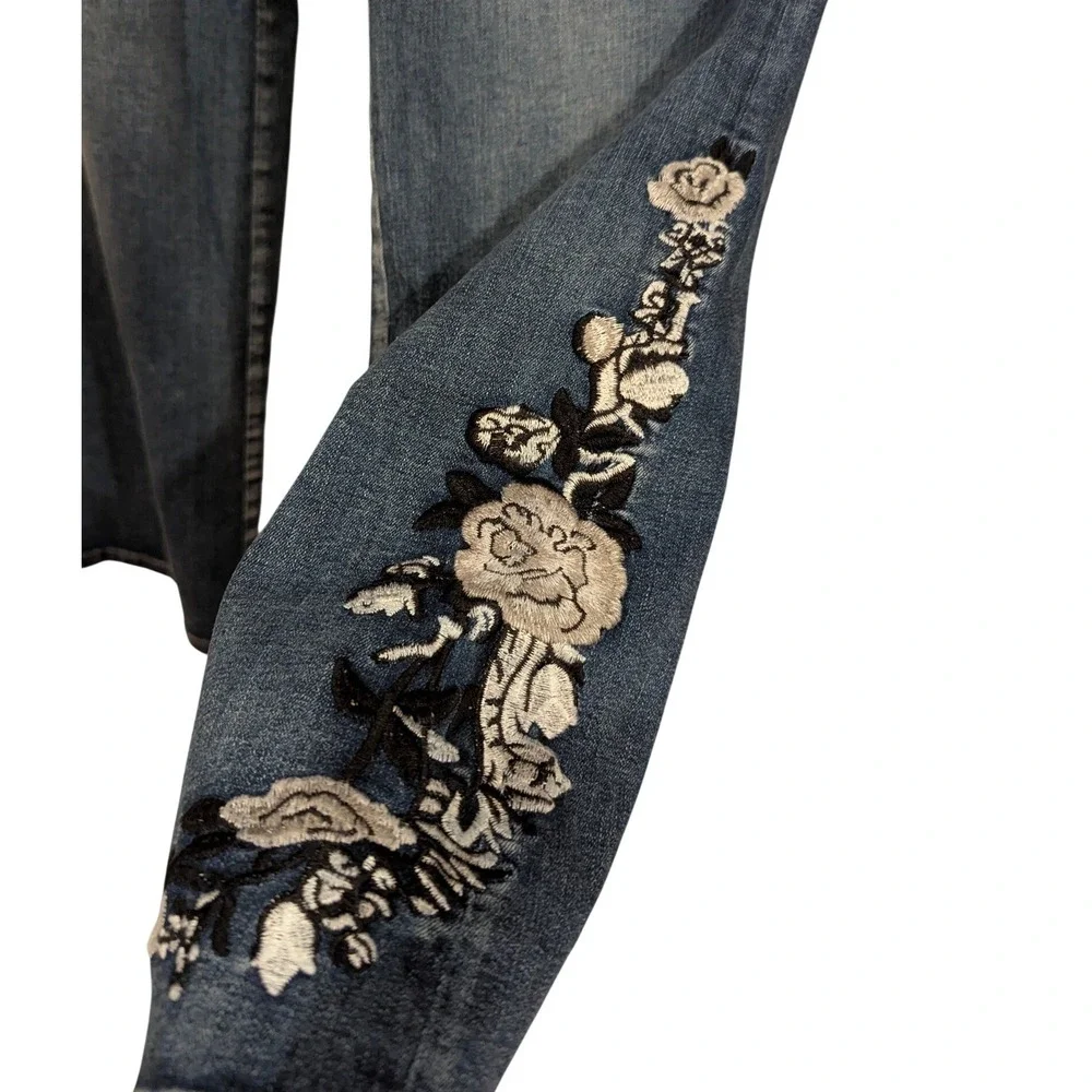 Flamingo Embroidered Wide Leg Jeans Blue‎ Denim Size Medium Y2K Floral low rise